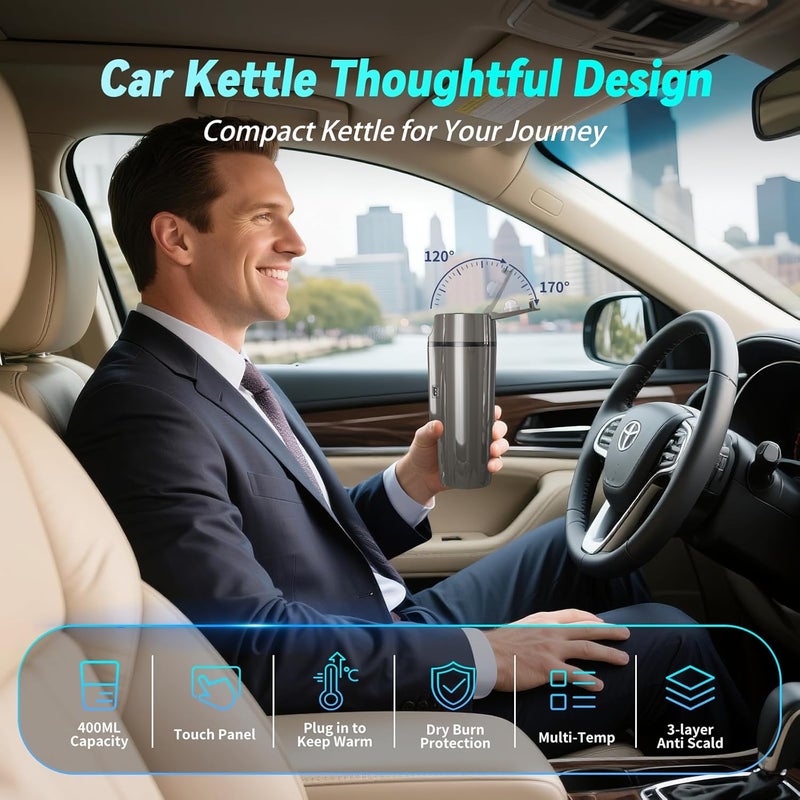 FVPE Car Electric Kettle for Travel : 12V/24V Small Electric Water Kettle, Multi-Temp Control 400 mL Portable Car Water Boiler for Brewing Coffee Tea,LCD Display 304 Stainless Steel Truck Heating Cup - Image 2